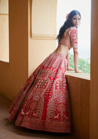 Red bird motif lehenga choli set