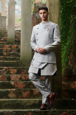 Gray layered sherwani and pants