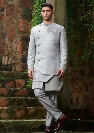 Gray layered sherwani and pants