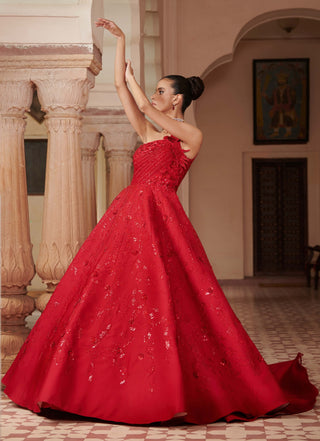 Red silk embroidered gown