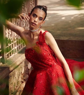 Red silk embroidered gown