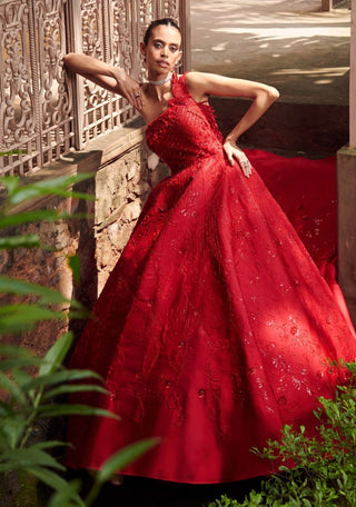 Red silk embroidered gown