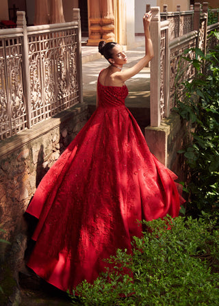 Red silk embroidered gown