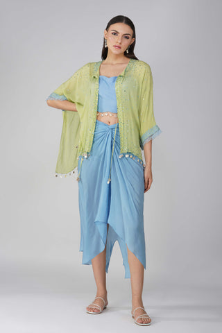 Blue green starry sky drape skirt and cape set