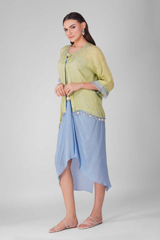 Blue green starry sky drape skirt and cape set