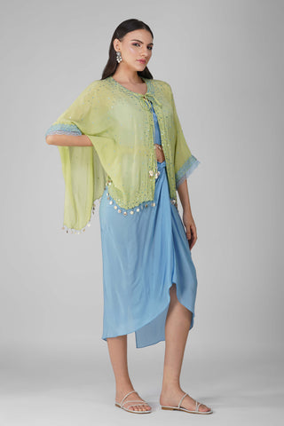 Blue green starry sky drape skirt and cape set