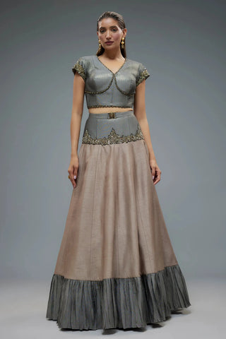 Grey raw silk patchwork lehenga