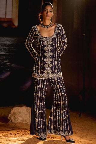 Midnight blue embroidered jacket & pant set