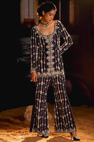 Midnight blue embroidered jacket & pant set