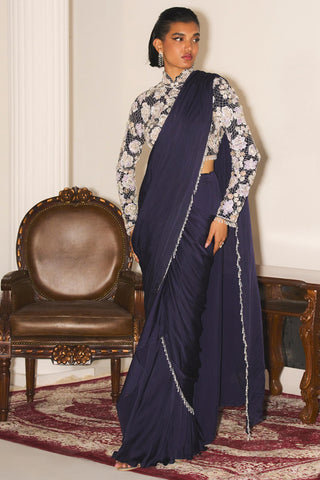 Mystic navy blue emrboidered blouse & drape saree set