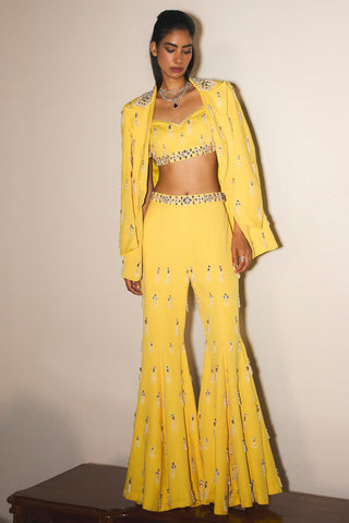 Pineapple yellow embroidered jacket, bustier & sharara set