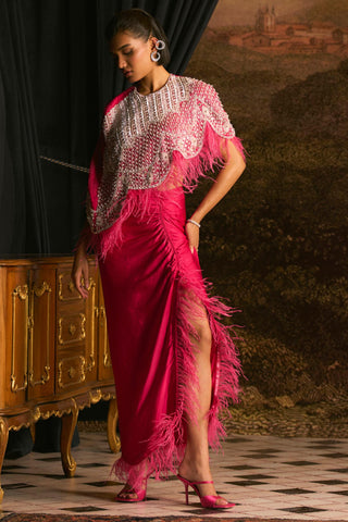 Fuschia rose feather cape & skirt set