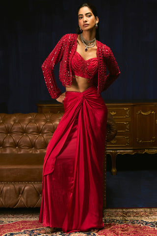 Crimson red embroidered jacket & skirt set