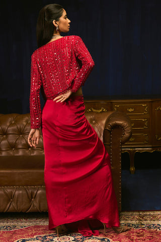 Crimson red embroidered jacket & skirt set