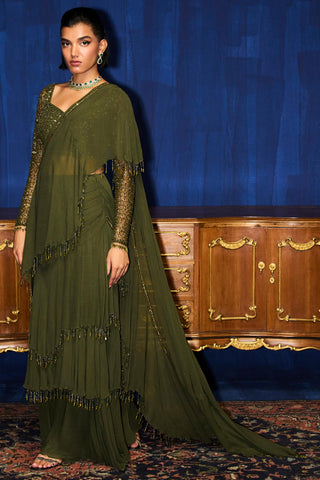 Olive branch embroidered blouse & ruffle saree set