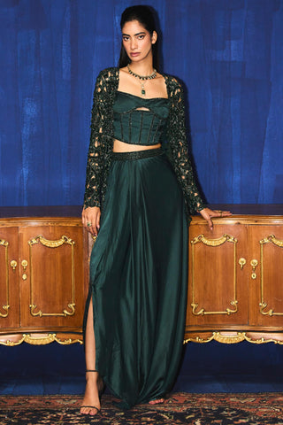 Dark emerald green embroidered jacket, bustier & skirt set