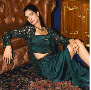 Dark emerald green embroidered jacket, bustier & skirt set