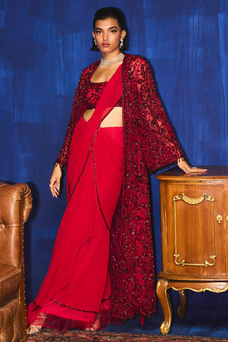 Scarlet red embroidered jacket & ruffle saree set