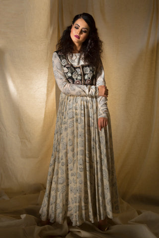 Ivory printed floor length anarkali with embroidered short jacket