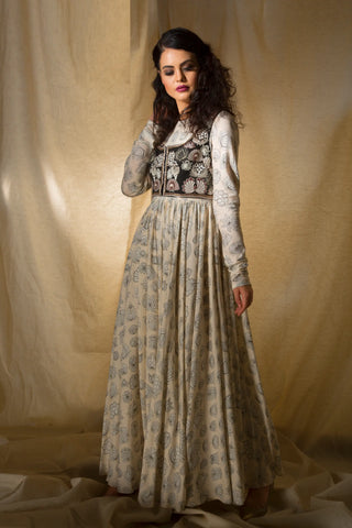 Ivory printed floor length anarkali with embroidered short jacket