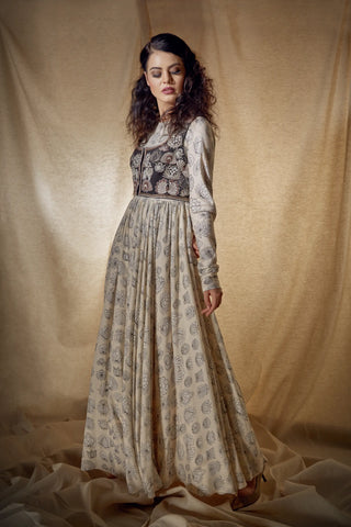 Ivory printed floor length anarkali with embroidered short jacket