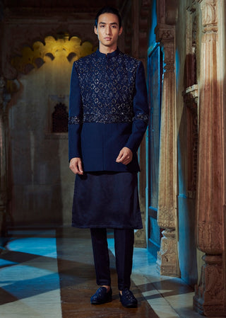 Navy blue textured jacket and kurta set