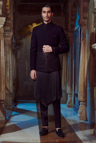 Black textured jacket and kurta set