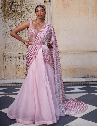 Pink drape lehenga saree set