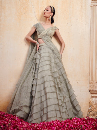 Olive green layered lehenga set