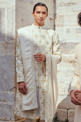 Off-white silk sherwani set