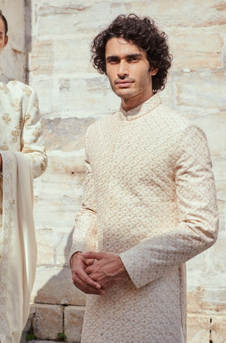 Beige gold lucknowee sherwani set