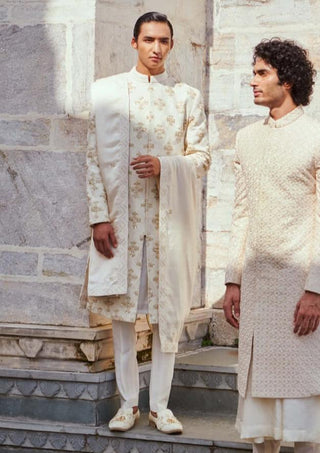 Off-white silk sherwani set