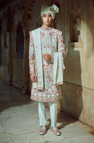 Mint green silk sherwani set