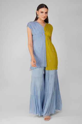 Blue lime cosmic flower knotted kurta and gharara set