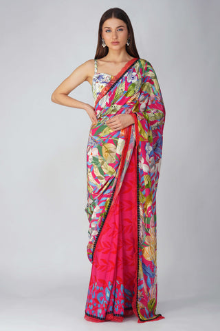 Rani pink multi leaf printed saree and blouse