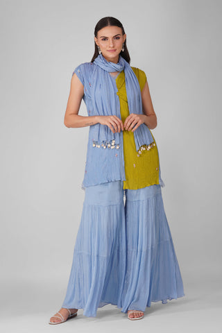 Blue lime cosmic flower knotted kurta and gharara set