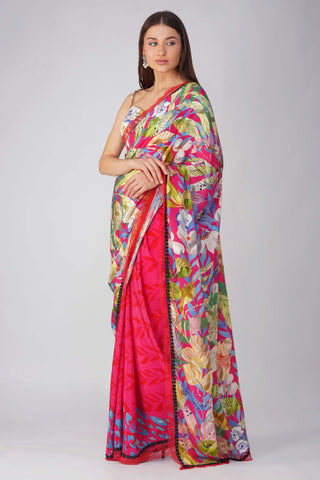 Rani pink multi leaf printed saree and blouse