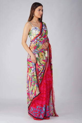 Rani pink multi leaf printed saree and blouse