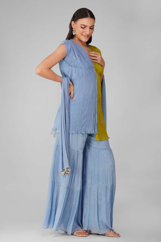 Blue lime cosmic flower knotted kurta and gharara set