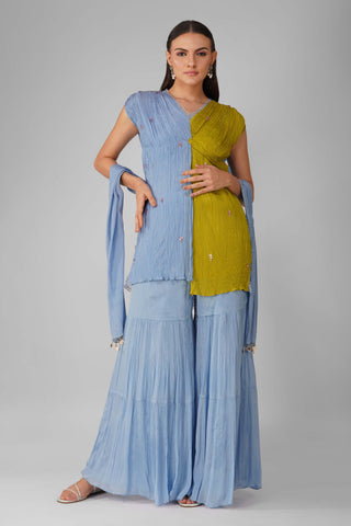 Blue lime cosmic flower knotted kurta and gharara set