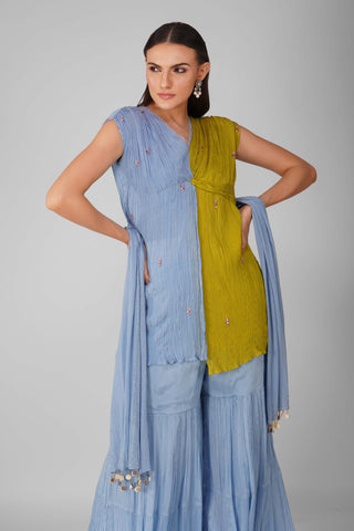 Blue lime cosmic flower knotted kurta and gharara set