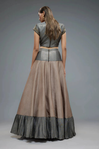 Grey raw silk patchwork lehenga