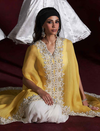 Sohar yellow ivory drape skirt and cape set