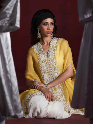 Sohar yellow ivory drape skirt and cape set