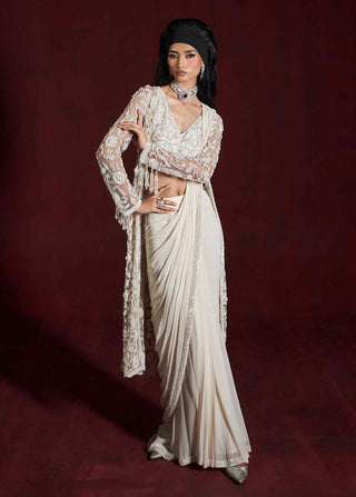 Hala ivory draped saree and jacket set