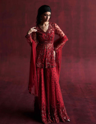 Gul red embroidered tunic and sharara set