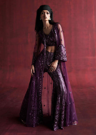 Laia dark magenta sharara and jacket set