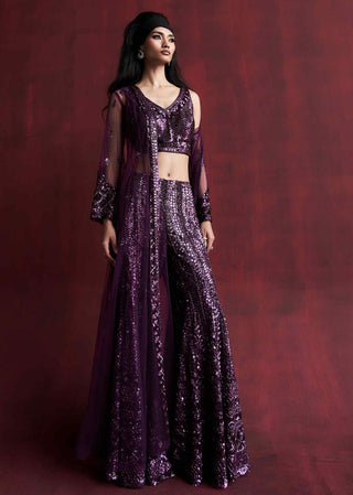 Laia dark magenta sharara and jacket set