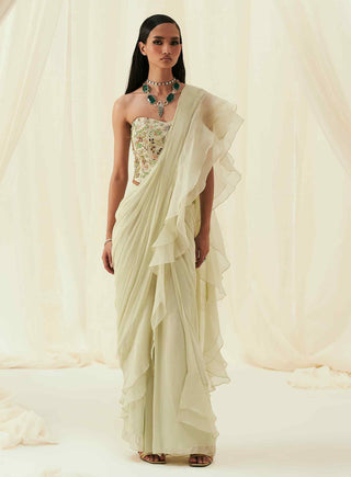 Yara ice mint ruffle saree and corset