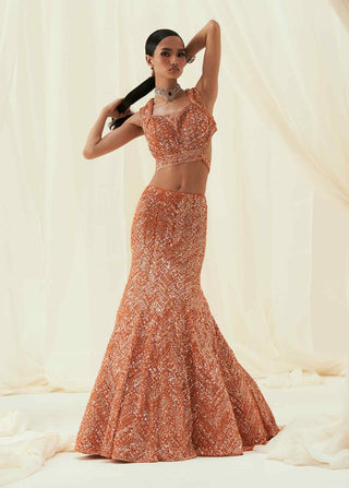 Sara orange fish cut lehenga set